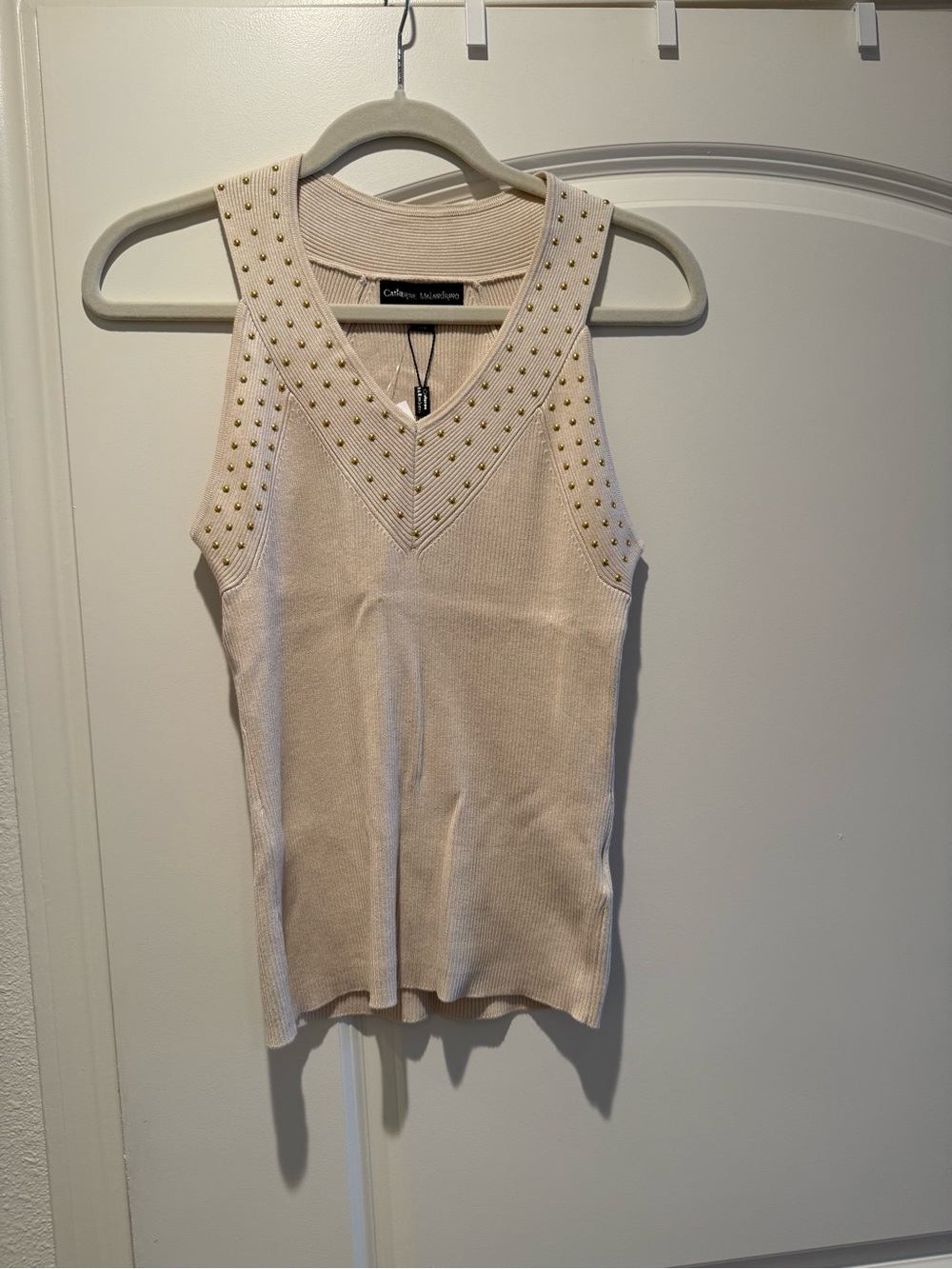 Catherine Malandrino Beige Knit Studded V-Neck Tank